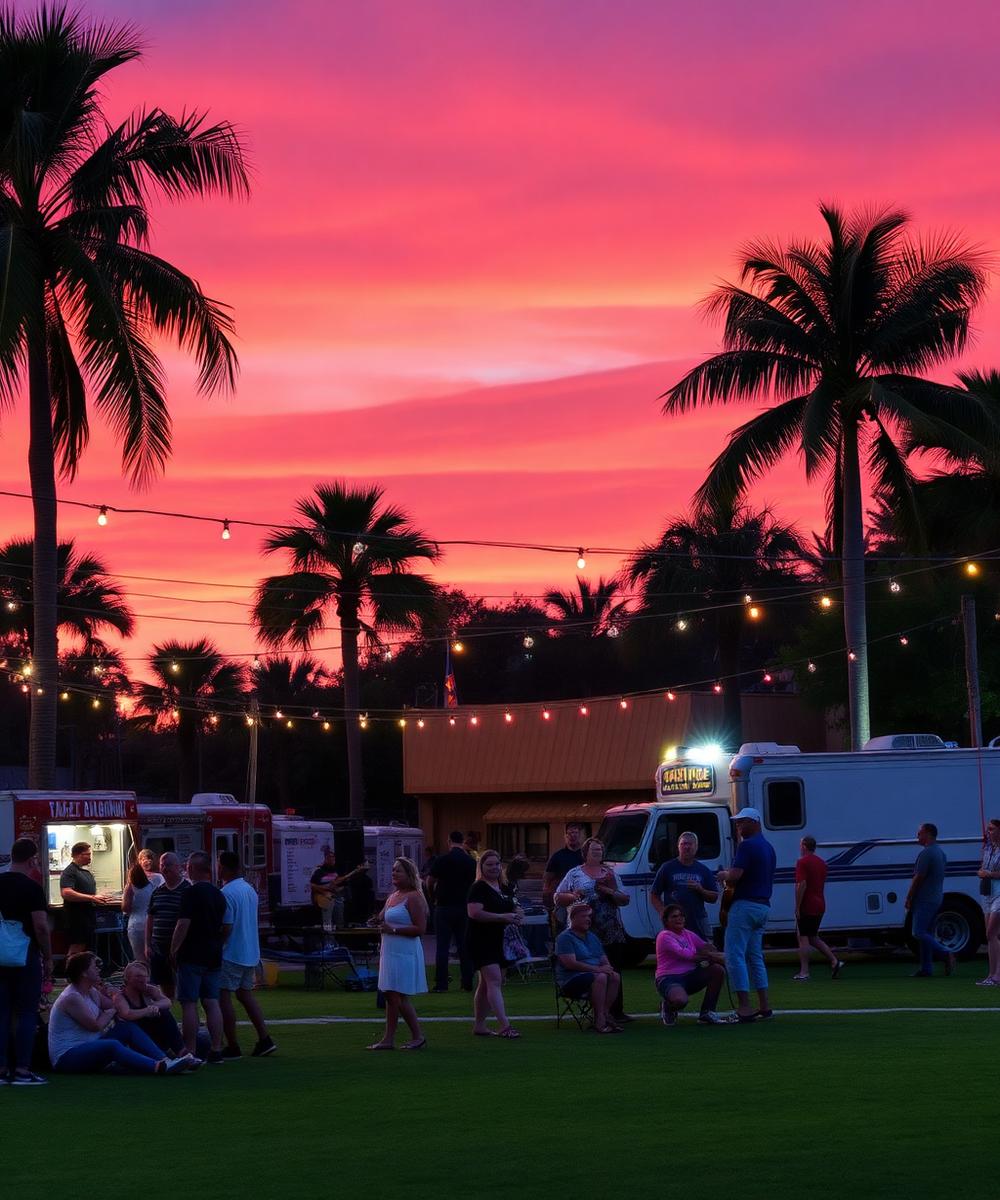 Sunset festival at Sims Park with string lights and food trucks