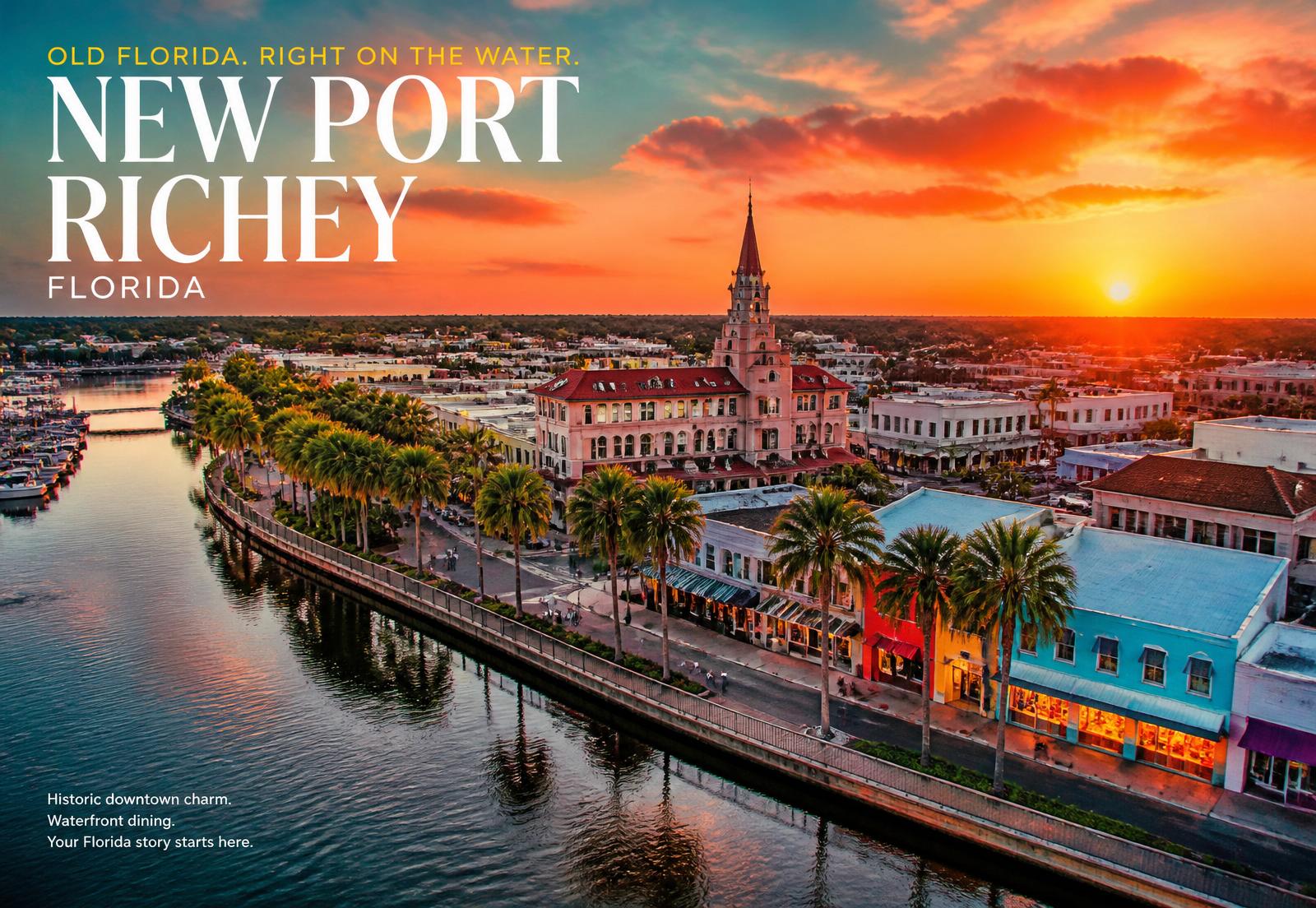 Sunset over the Pithlachascotee River in downtown New Port Richey, Florida